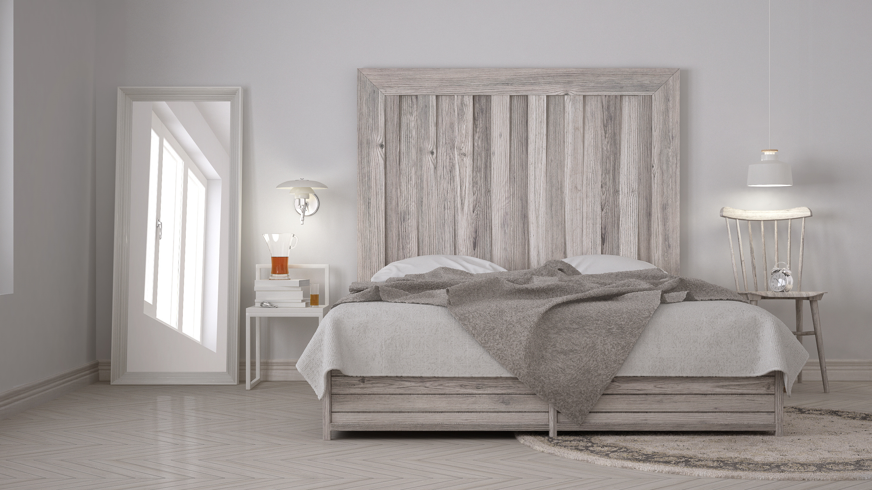 Muted gray wooden bedframe with large matching headboard