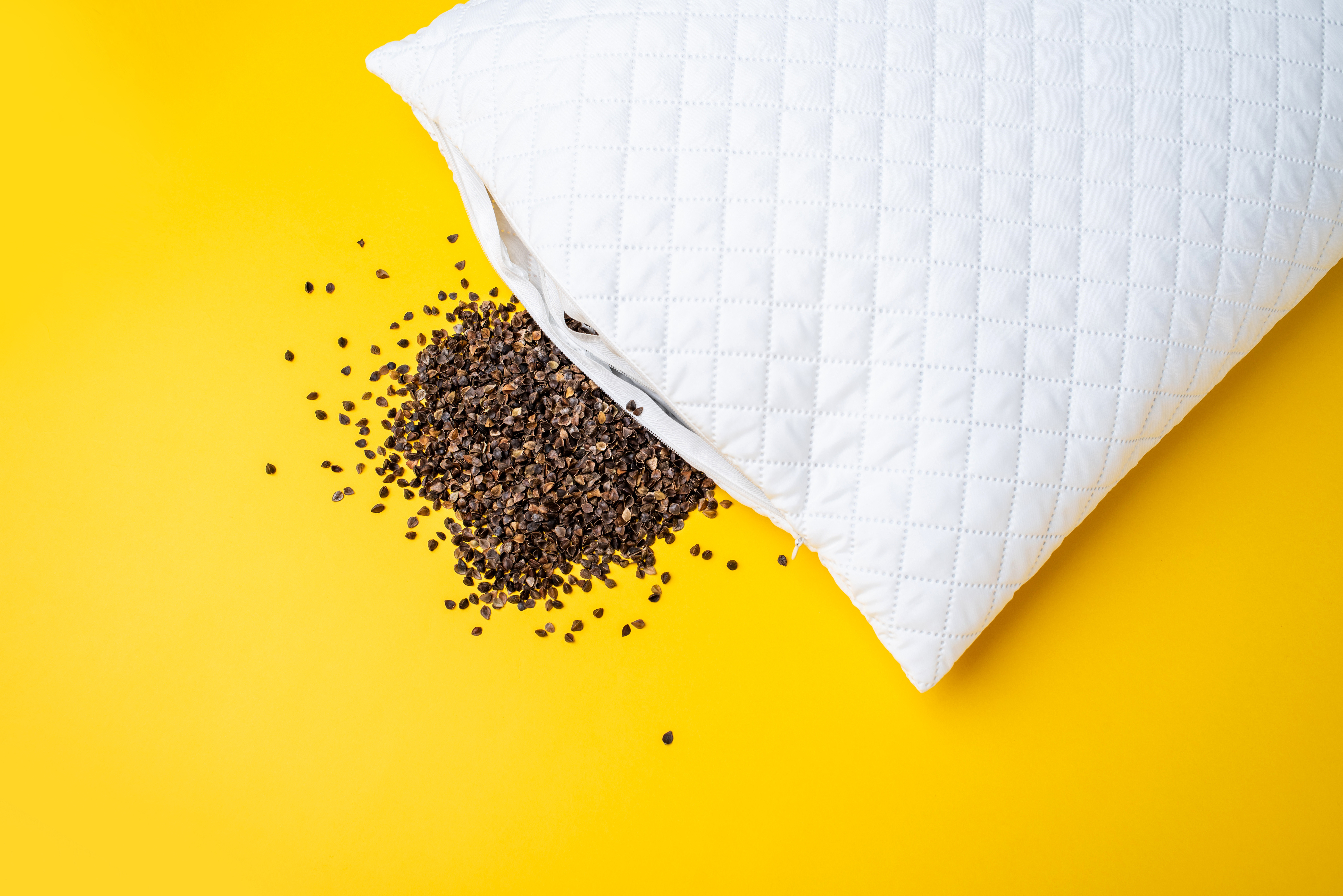 White pillow with buckwheat hulls spilling out against a yellow background