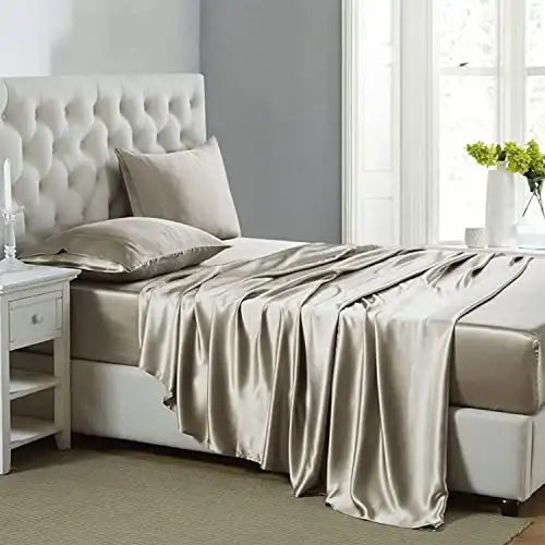 Lanest Housing Silk Satin Sheets, 4-Piece Queen Size Satin Bed Sheet Set with Deep Pockets, Cooling Soft and Hypoallergenic Satin Sheets Queen - Taupe