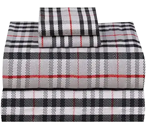 Ruvanti 100% Cotton 4 Piece Flannel Sheets Full Red Grey Plaid Deep Pocket -Warm-Super Soft - Breathable Moisture Wicking Flannel Bed Sheet Set Full Include Flat Sheet, Fitted Sheet 2 Pillowcases